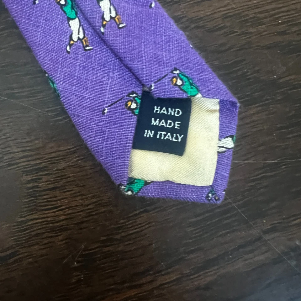 Gravata polo Ralph Lauren gravata linho roxo estampa de golfe vintage - Imagem 4 de 4