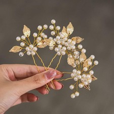 3 PCS Gold Pearl Bride Wedding Hair Pins, Leaf, Flower, Head Piece, Women, Set