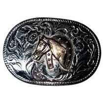 Silver Tone Western Belt Buckle Horse Equestrian Rodeo Horseshoe