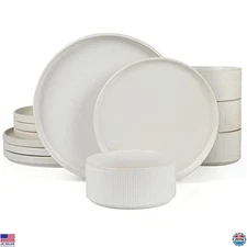 Famiware Star Dinnerware Sets, Plates and Bowls Set for 4, 12 Pieces Ribbed