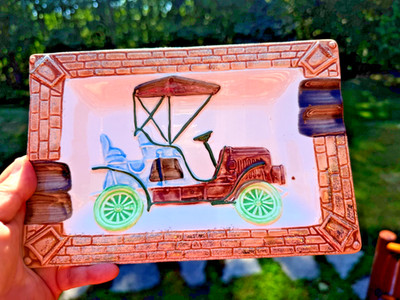 Vintage Ceramic Antique Car Ashtray  Retro MCM Decor 9'' X 6''