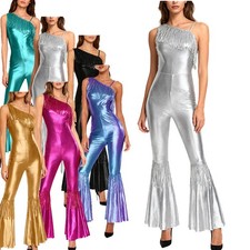 Women Bodysuit Shiny Jumpsuit Sequin Tassel Rompers Music Party One Shoulder