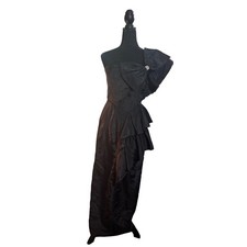 Vintage 80's Climax Karen Okada David Howard Black One Shoulder Bow Ruffle Gown