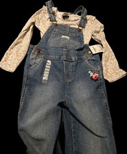 OshKosh Bgosh 4T Girls Denim Overall Jeans With Ling Sleeve Flower Shirt - NWT