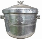Vintage Silver Embossed Metal Round Ice Bucket w Lid, Tongs, Handle Set — photo 1
