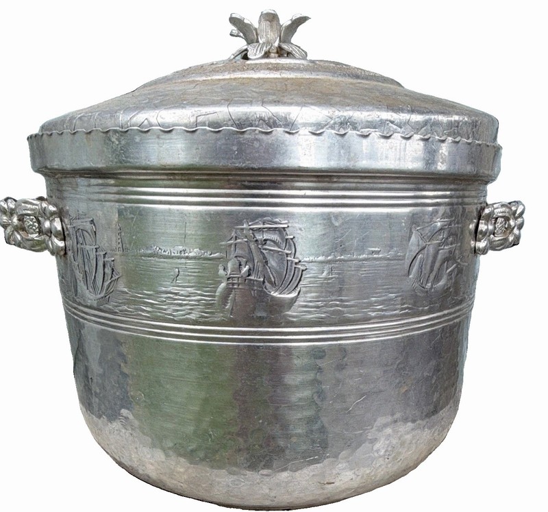 Vintage Silver Embossed Metal Round Ice Bucket w Lid, Tongs, Handle Set