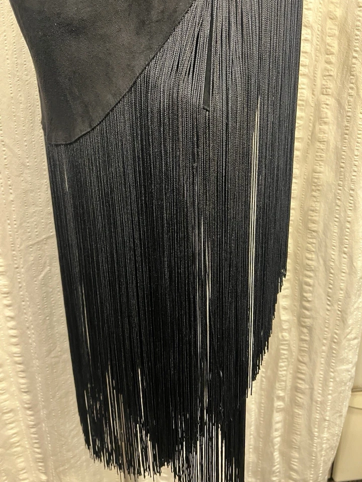 Falda envolvente de cuero gamuza negra Karen Okada vintage años 80 flecos Western Boho XS Foto 4 de 4
