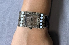 Heidi Daus USA Rectangular Swarovski Crystal Watch Black Leather – Working