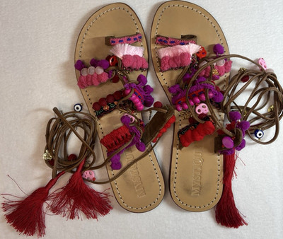 Mystique Leather Lace Up Sandals Women 9 Boho Beaded Tassel Pom Pom Gladiator