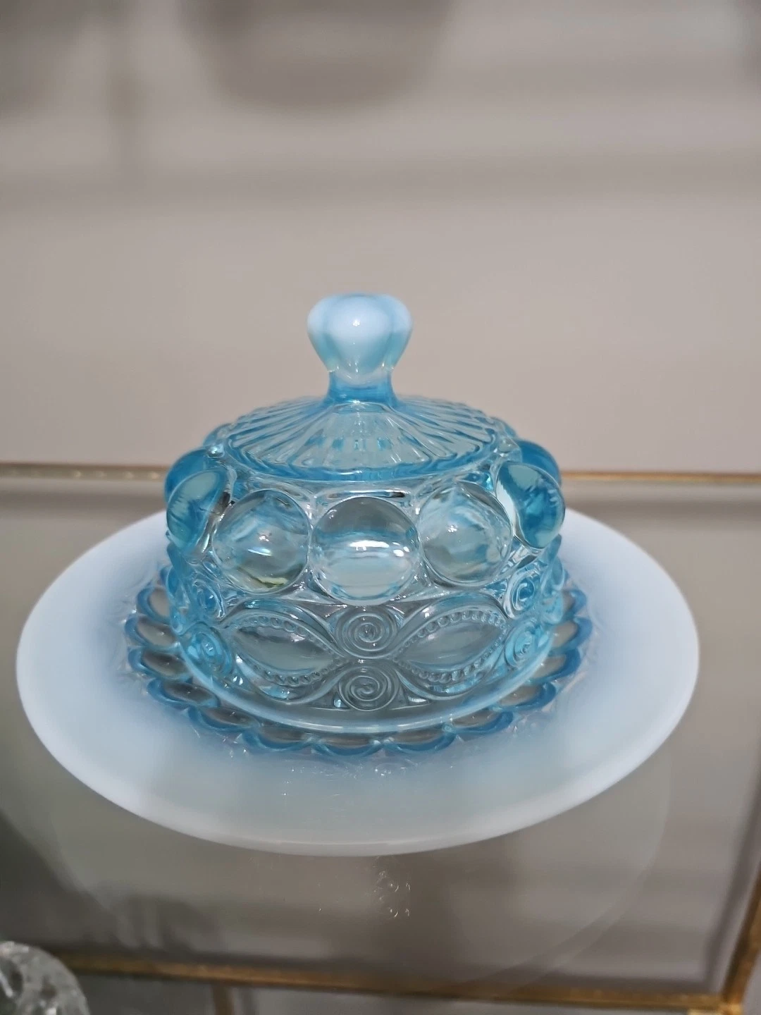 Vintage Style Mosser Eye Winker Aqua Opalescent Covered Butter Dish
Opens in a new window or tab