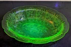 Vtg Green Uranium Glass Jeannette Oval Vegetable Bowl Cherry Blossom GLOWS