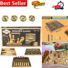 3 in 1 Folding Wooden Board Game Set - Full Size Chess Board, Checkers Draugh...