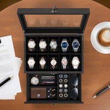 Wooden Watch Display Storage Case 2-Tier Jewelry Collection Box 8/10/12 Grids UK