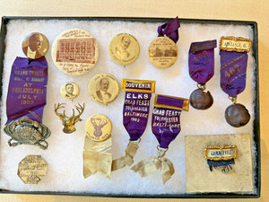 Antique B.P.O. Elks Ribbons & Celluloid Pinback Buttons c1900 Baltimore Crab