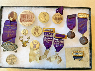 Antique B.P.O. Elks Ribbons & Celluloid Pinback Buttons c1900 Baltimore Crab