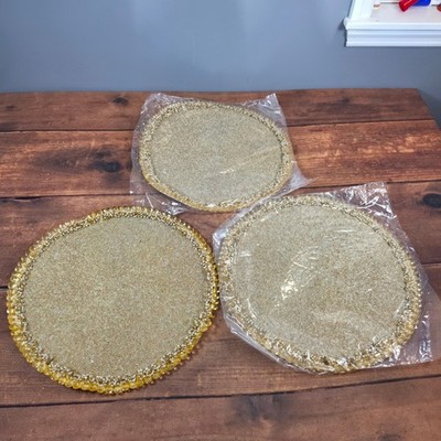 Kim Seybert Placemats Set of 3 Gold NEW Beaded Glass Round Table Chargers