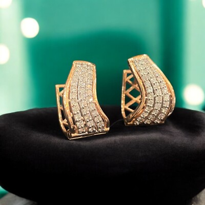 Pave 0.98 Cts Round Brilliant Cut Diamonds Three-Row Hoop Earrings 14K Rose Gold
