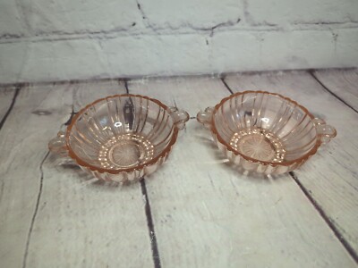 2 Vintage Anchor Hocking Old Cafe Pink Dessert Berry Bowls With Handles *Chip* 