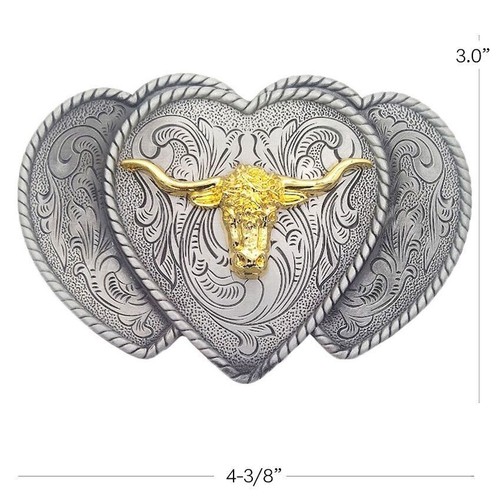 Hebilla de cinturón de metal plateado dorado cuerno largo toro diseño en forma de corazón - Imagen 2 de 2