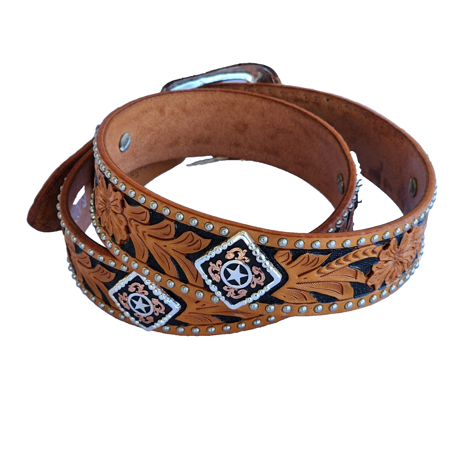 Western Leather Belt Tooled Floral Saddle Tan Ranger Rodeo Studded Size 34