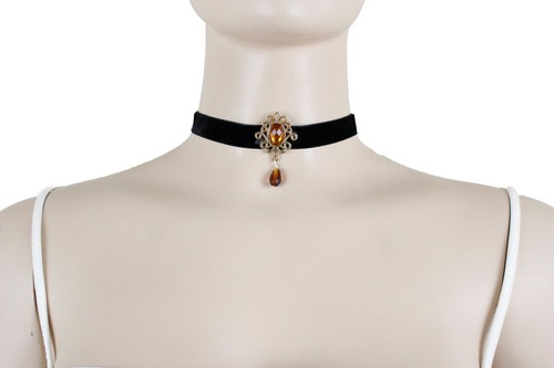 Fun Women Punk Bling Brown Bead Charm Fashion Necklace Faux Suede Fabric Choker - Picture 5 of 8