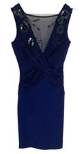 LIPSY DRESS 6 NAVY BLUE Sequin Mesh Floral Draped Stretchy Short Bodycon NEW