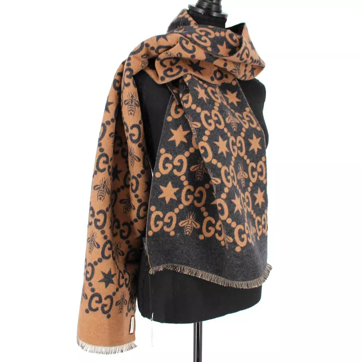 GUCCI Jacquard GG Logo Stars Bee Wool Silk Brown Black Scarf NEW