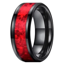 Simulated Ruby Ring Black Stainless Steel Garnet Red Wedding Band Mens Womens