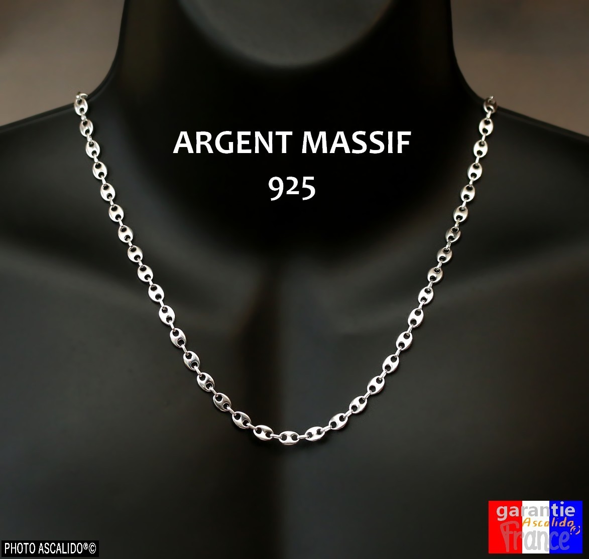 Chaine 50cm 6mm pour homme GRAIN DE CAFE en vrai argent massif 925