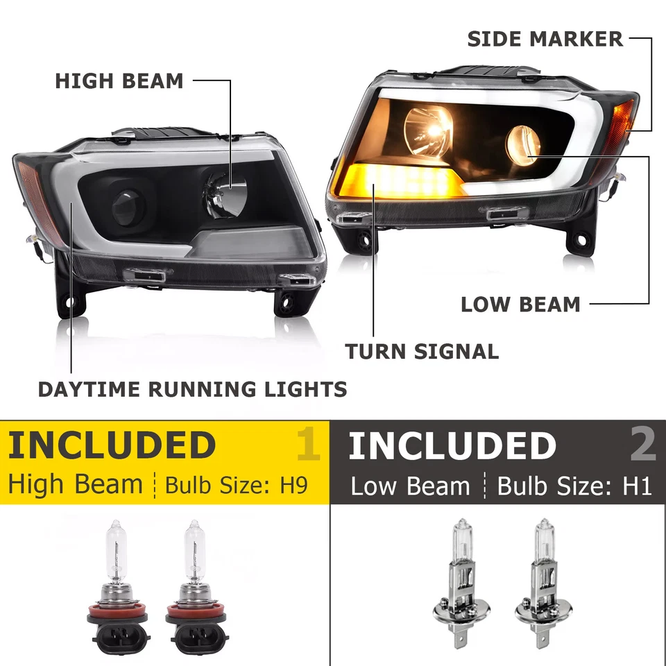 For Jeep Grand Cherokee 2011 2012 2013 LED DRL Projector Headlights Black Pair Foto 2 de 4