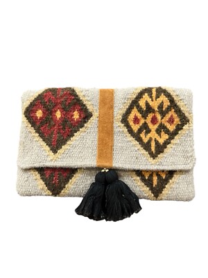 The Royal Standard Perama Clutch Grey/Red/Camel with Black Cotton Tassels