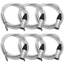 6 Pk 6 Foot XLR Male to 1/4 Inch TRS Patch Cables - Balanced White Audio Cords