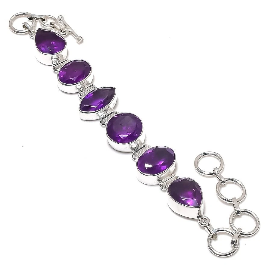 VALENTINO Bracciale Ametista Pietra Sfaccettata Figlia Catena Anniversario Gioielli Argento Massiccio