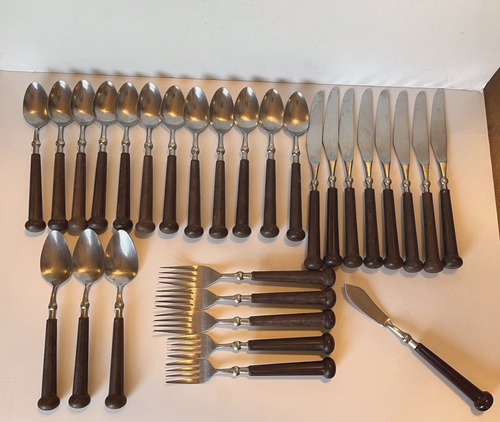 Vintage Oxford Hall Stainless 29 PIECE SET Brown Handle Flatware Japan 1970's