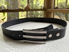 Adidas Belt Mens 38 Black Leather Silvertone 3-Stripes Removable Buckle READ