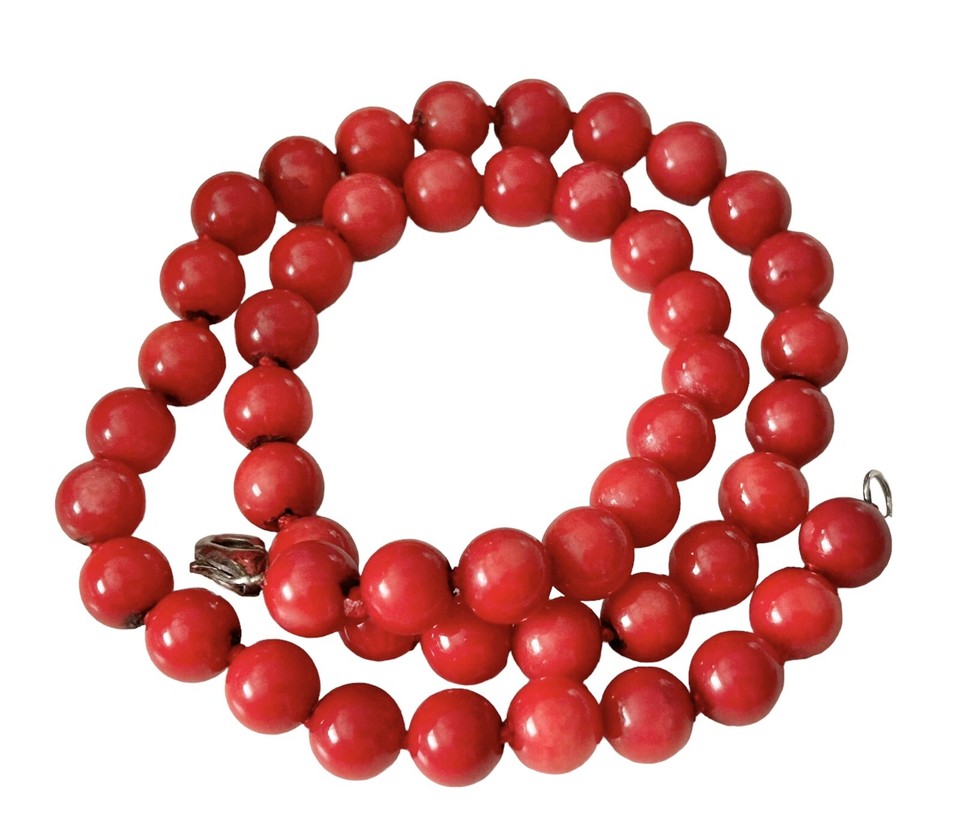 Sterling Red Coral Necklace Hand Knotted Round 8mm Bead 925 16” eBay