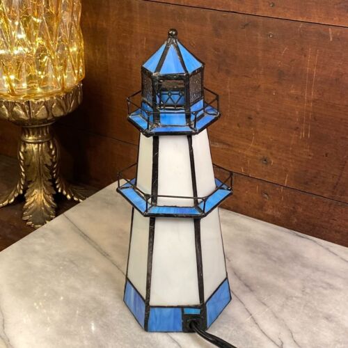 Vintage Stained Glass Lighthouse Building Table Lamp Light With Bible Verse Blue - Picture 3 of 10