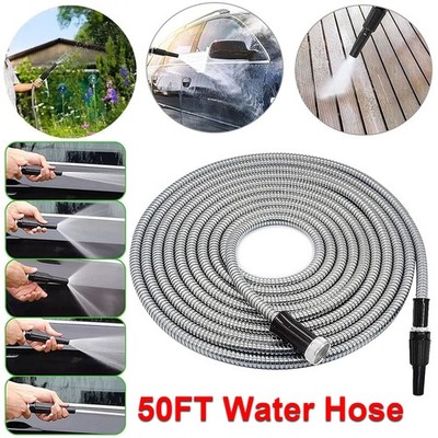 50 FT 304 Stainless Steel Metal Garden Water Hose Flexible Patio Home Heavy Duty