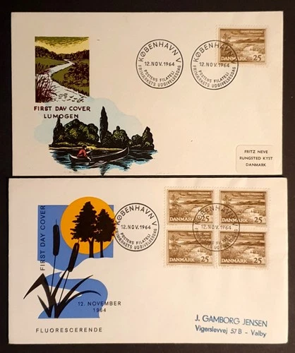 Denmark Stamps 1964 Journey Conservation single & block of 4 first day covers