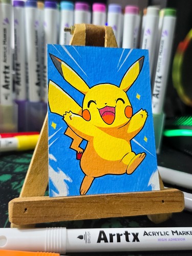 🌟 Pikachu Pokemon Original ACEO Acrylic Art Card Miniature Painting #03 Signed 