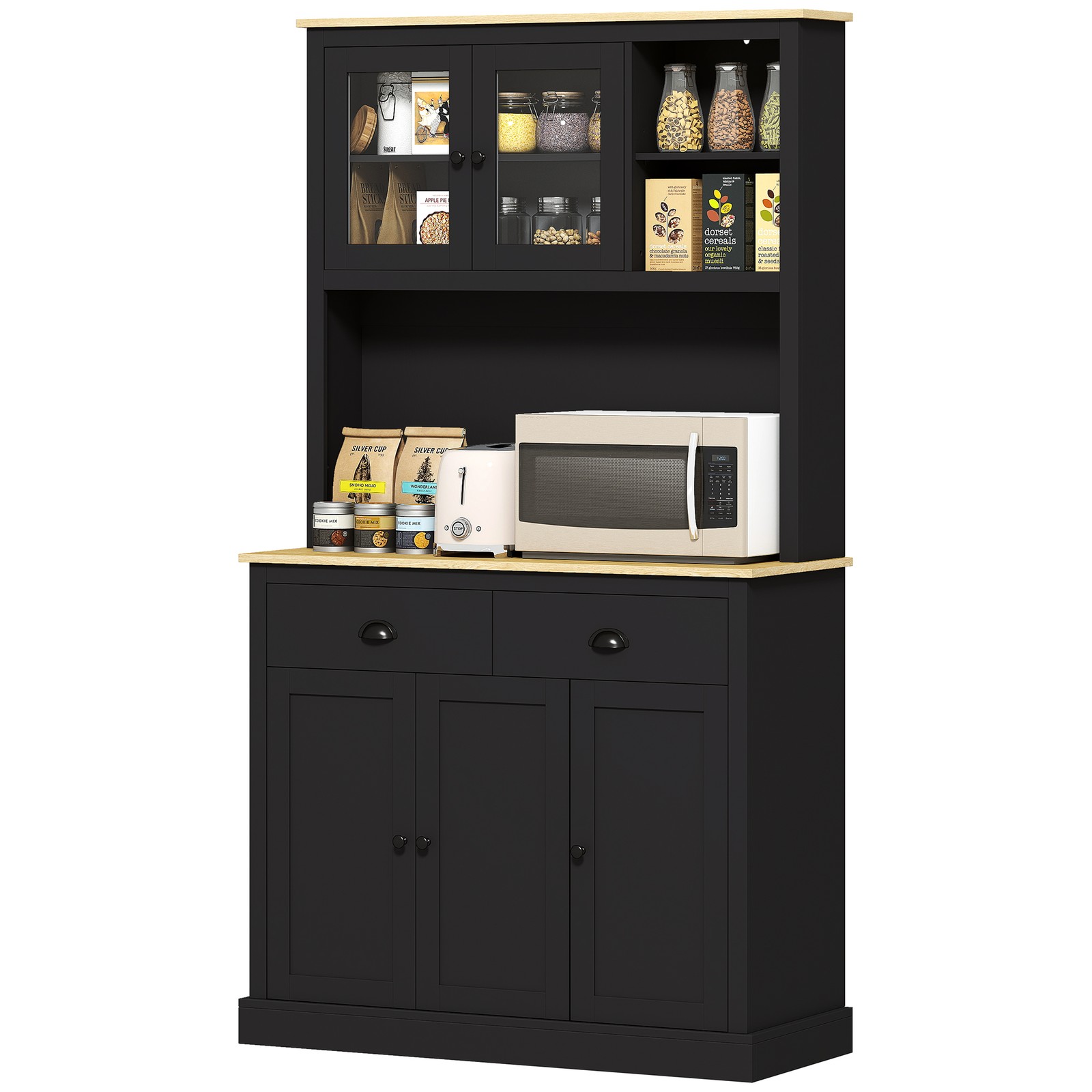 Kitchen Cabinet with Microwave Stand, 71" Pantry Cabinet, Black