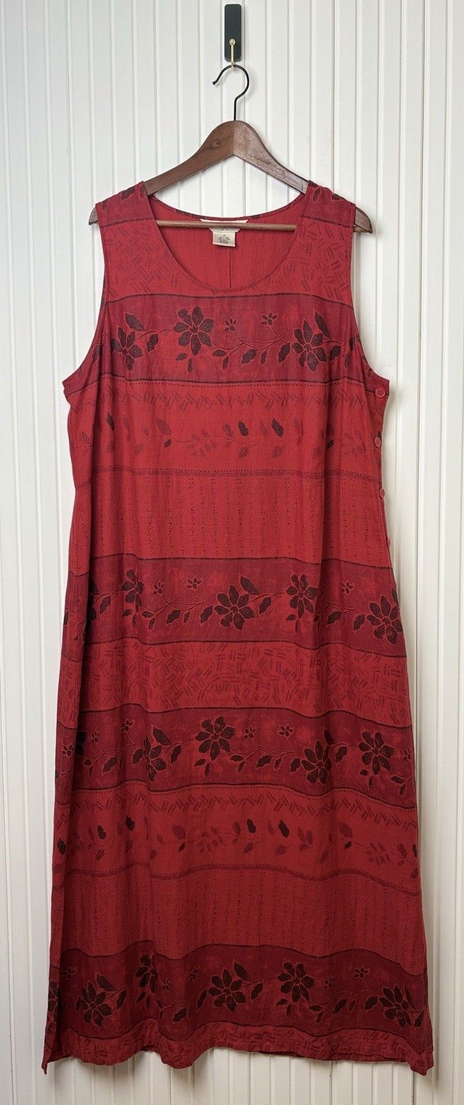 Womens Jumper Dress 100% Linen Red Floral Size 1X 90s Overall Cottagecore Modest