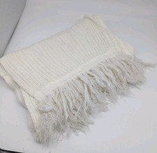 Vtg. Handknit Women White Shoulder Wrap Scarf with Fringe 72" Long
