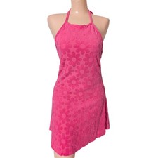 Y2K Pink Halter Dress Small Terrycloth Coquette Floral Mini Beach Vacation Retro