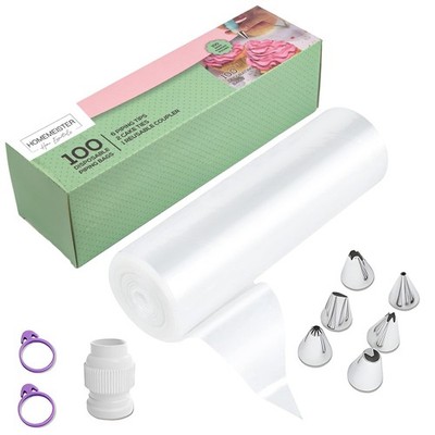 100 Einweg Spritzbeutel mit 6 Edelstahldüsen Set und Kupplung
