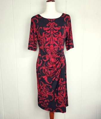 connected apparel ruched dress Connected Apparel Ruched Sheath Dress Womens Size 12 Red Black Stretch  Damask