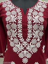 2 Pcs Cotton Red Chikankari Kurta with Palazzo Set For Women Plus Size