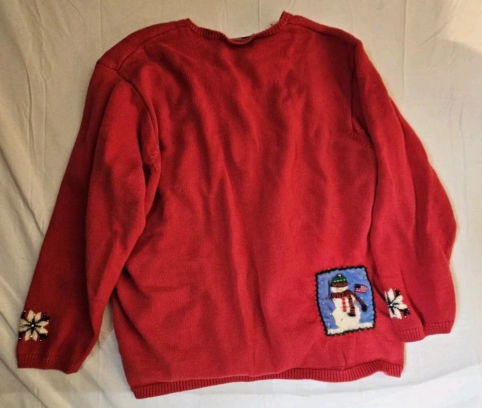 Cárdigan Marisa Christiana Mujer 3X Rojo Suéter Navidad Muñeco de Nieve Retazos De Colección Foto 2 de 4