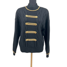 St. John Collection Women's Sweater Black Cable Knit Gold Trim Buttons Large