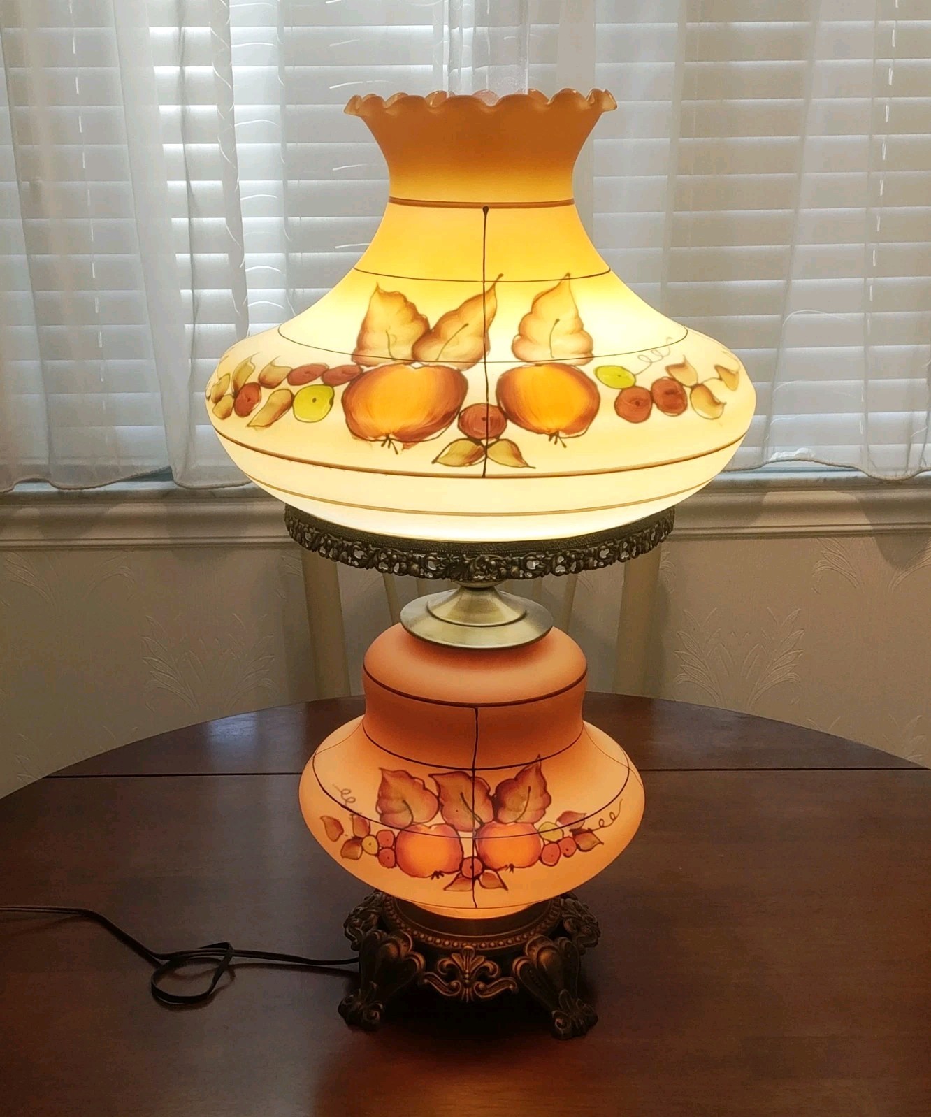 Hurricane Lamp GIM 3083 1967  Hand Painted Fruit Pattern 24" T 13"W Double Light